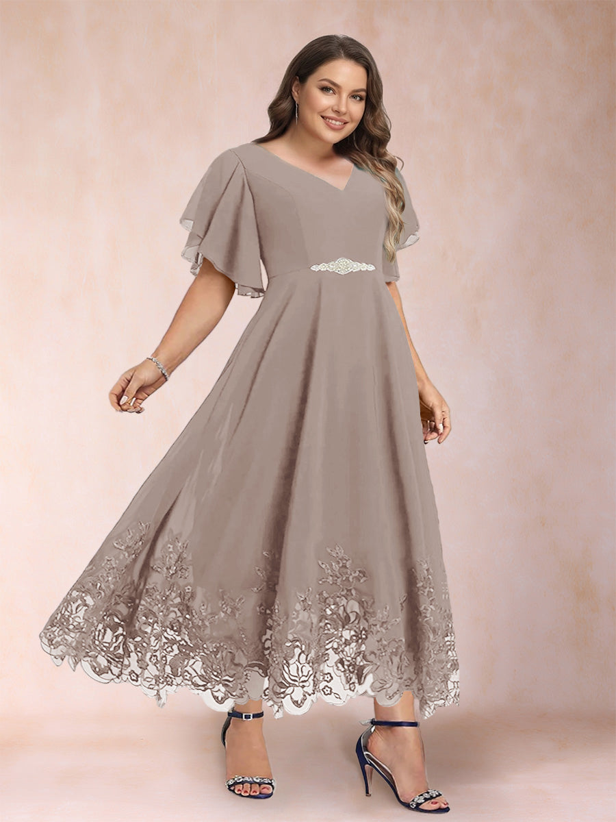 Tara Rose Taupe front view mother of the bride dress