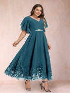 Tara Rose Teal front view mother of the bride dress