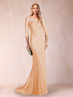 Lara Mae Peach front view mother of the bride dress