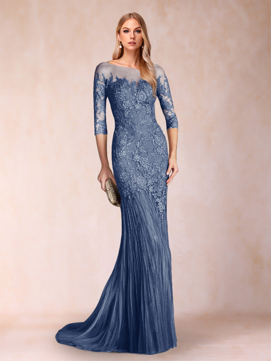 Lara Mae Steel Blue front view mother of the bride dress