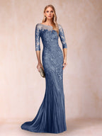 Lara Mae Steel Blue front view mother of the bride dress