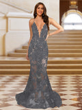 Cyra grey front view prom dress