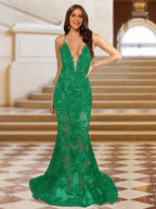 Cyra forest green front view prom dress