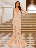 Cyra peach front view prom dress
