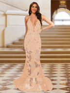 Cyra peach front view prom dress