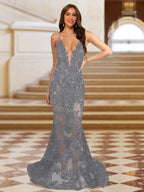 Cyra steel grey front view prom dress