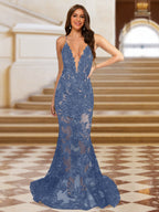 Cyra steel blue front view prom dress