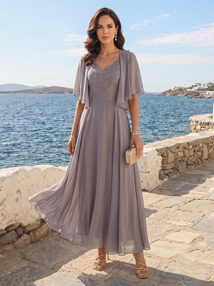 Gia Mae Steel Blue front view mother of the bride dress