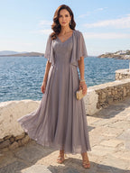 Gia Mae Steel Blue front view mother of the bride dress