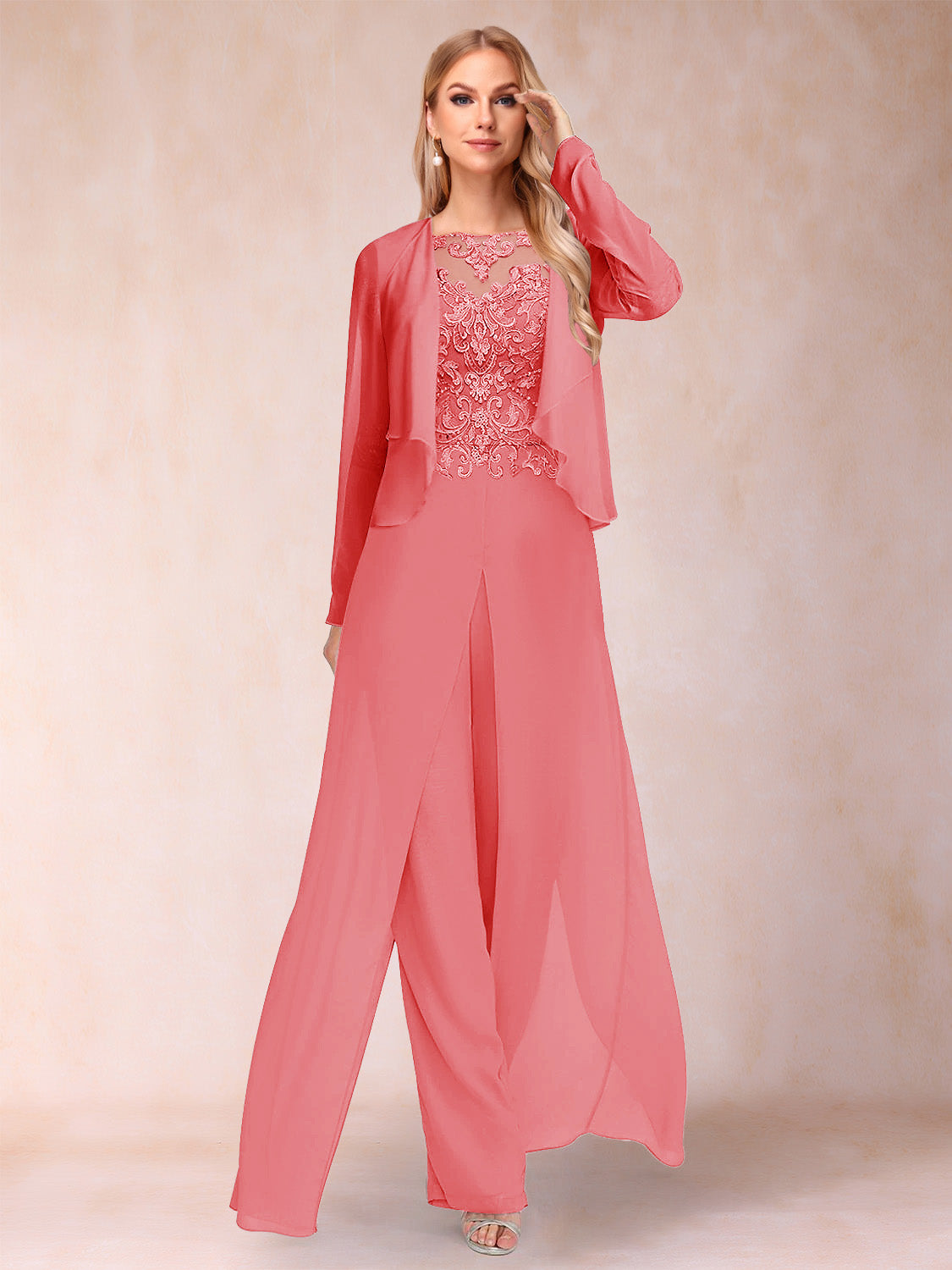 Inez coral front view mother of the bride outfit