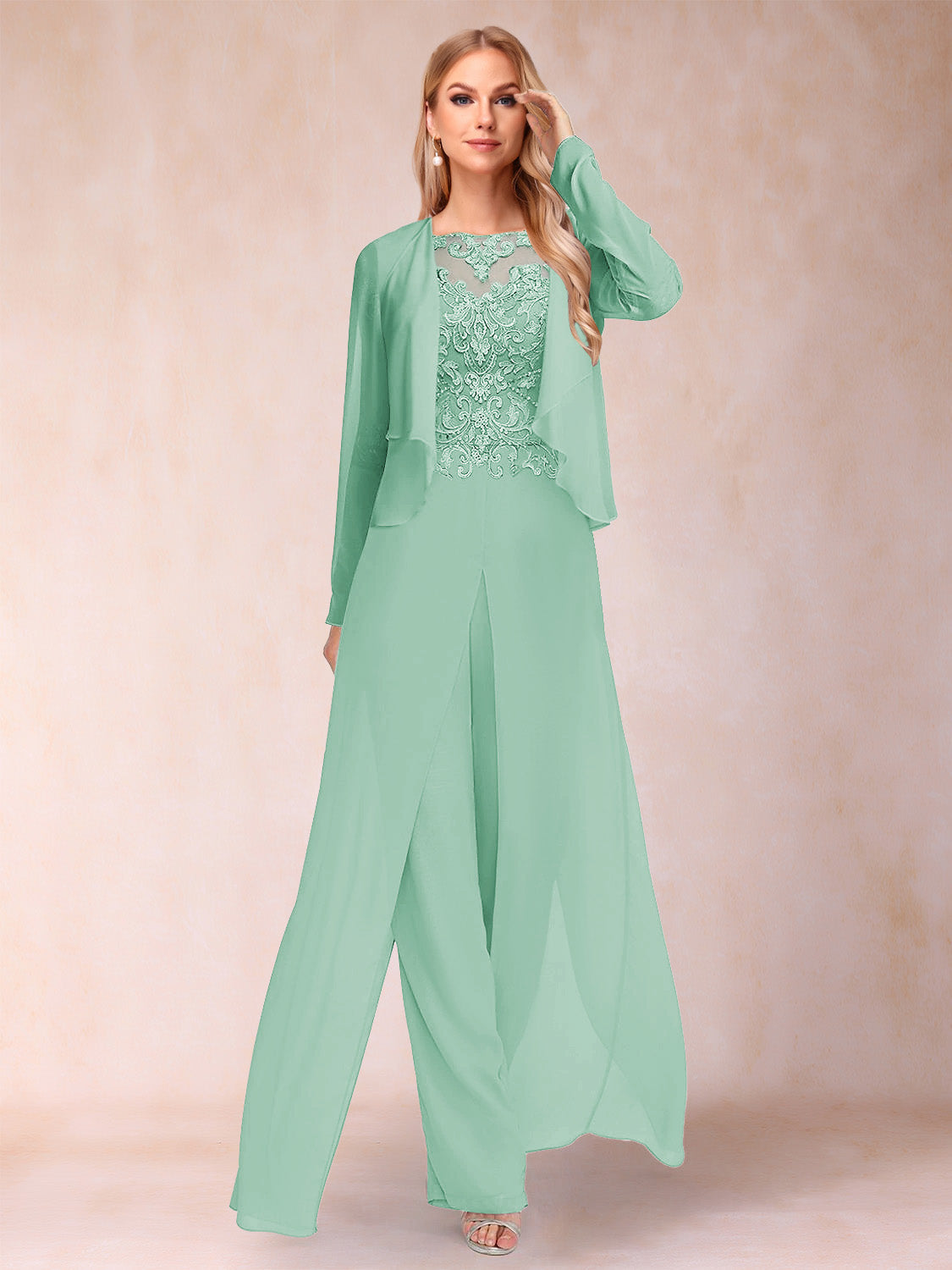 Inez mint green front view mother of the bride outfit
