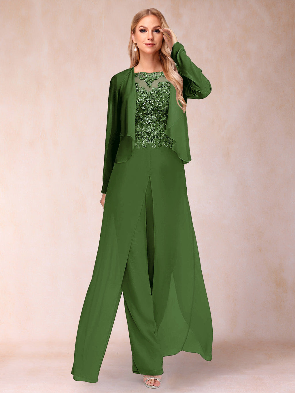 Urielle Olive Green front view wedding guest dress