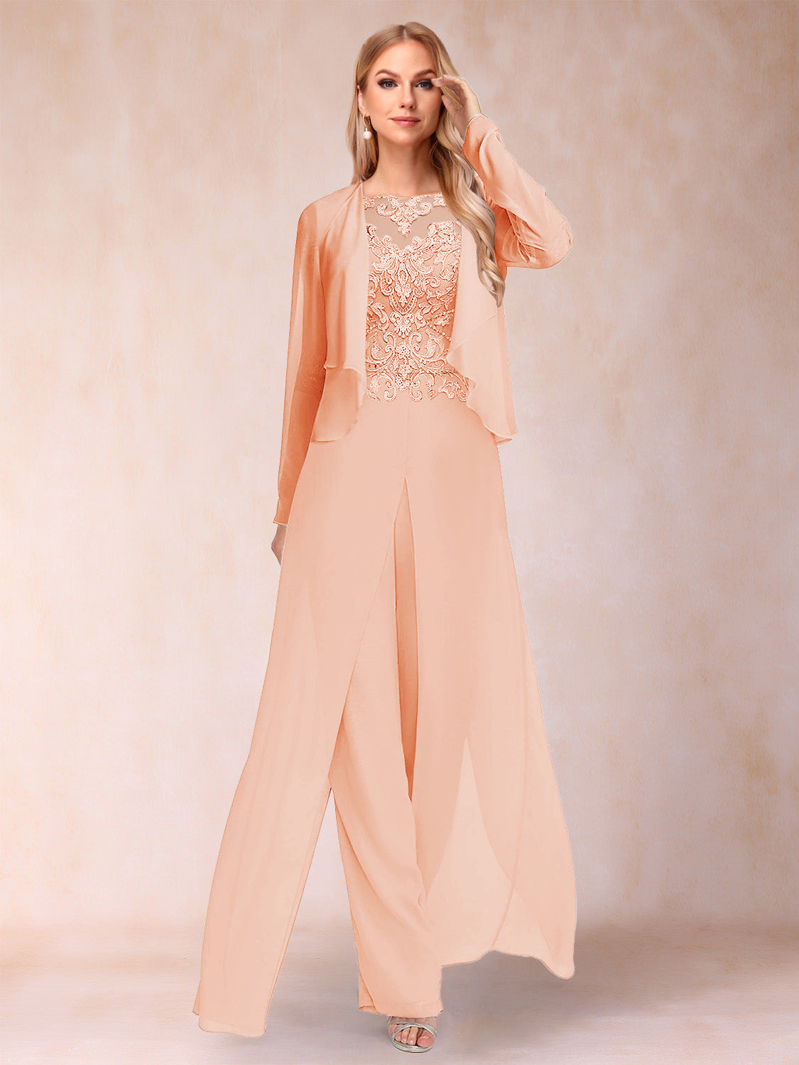Urielle Peach front view wedding guest dress