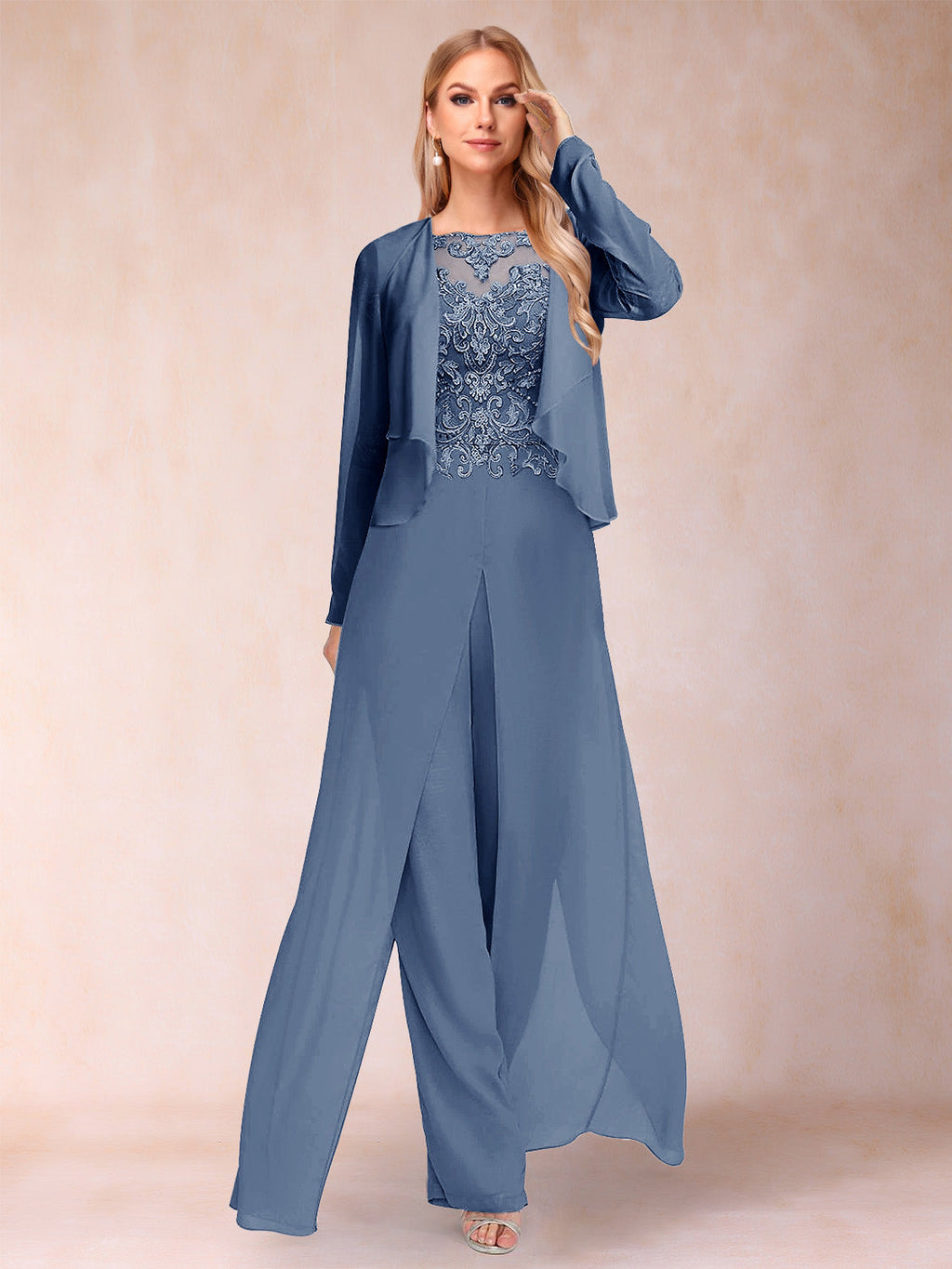 Inez steel blue front view mother of the bride outfit