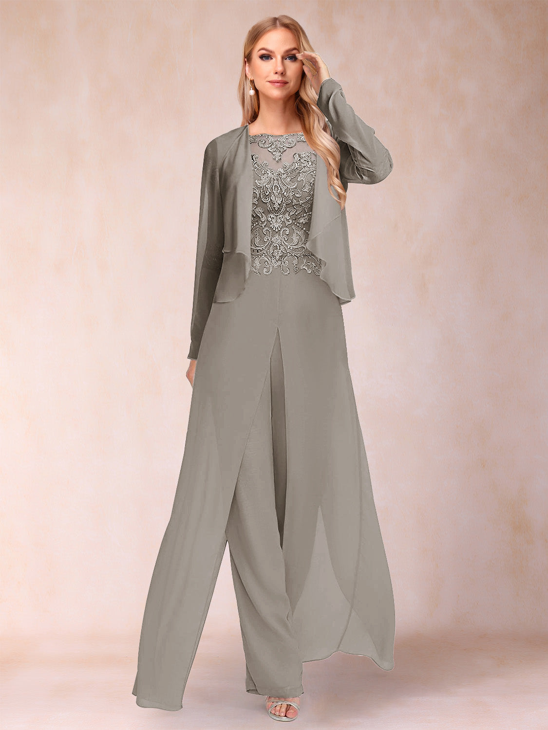 Urielle Taupe front view wedding guest dress