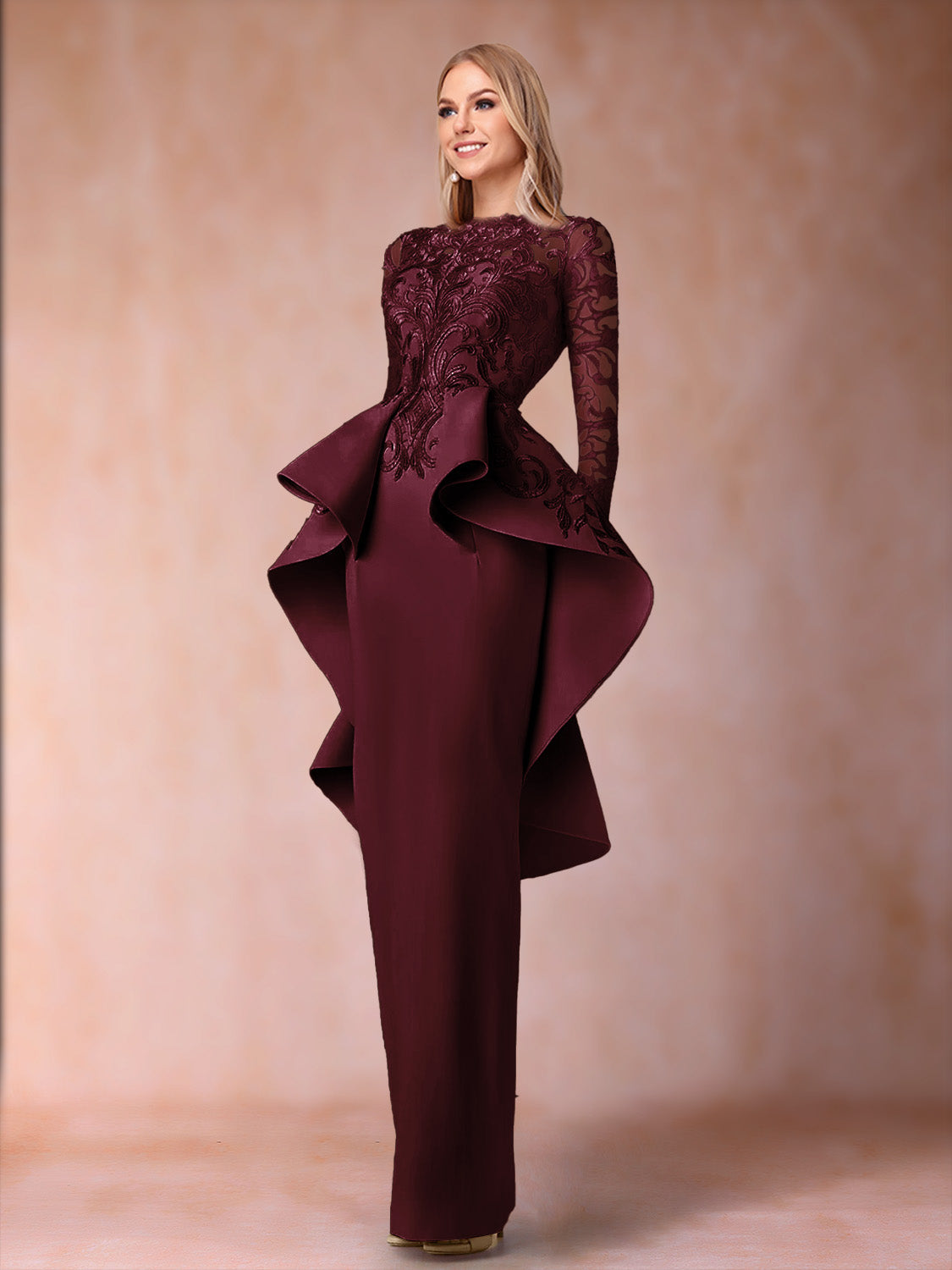 Lavinia Dove Burgundy front view mother of the bride dress