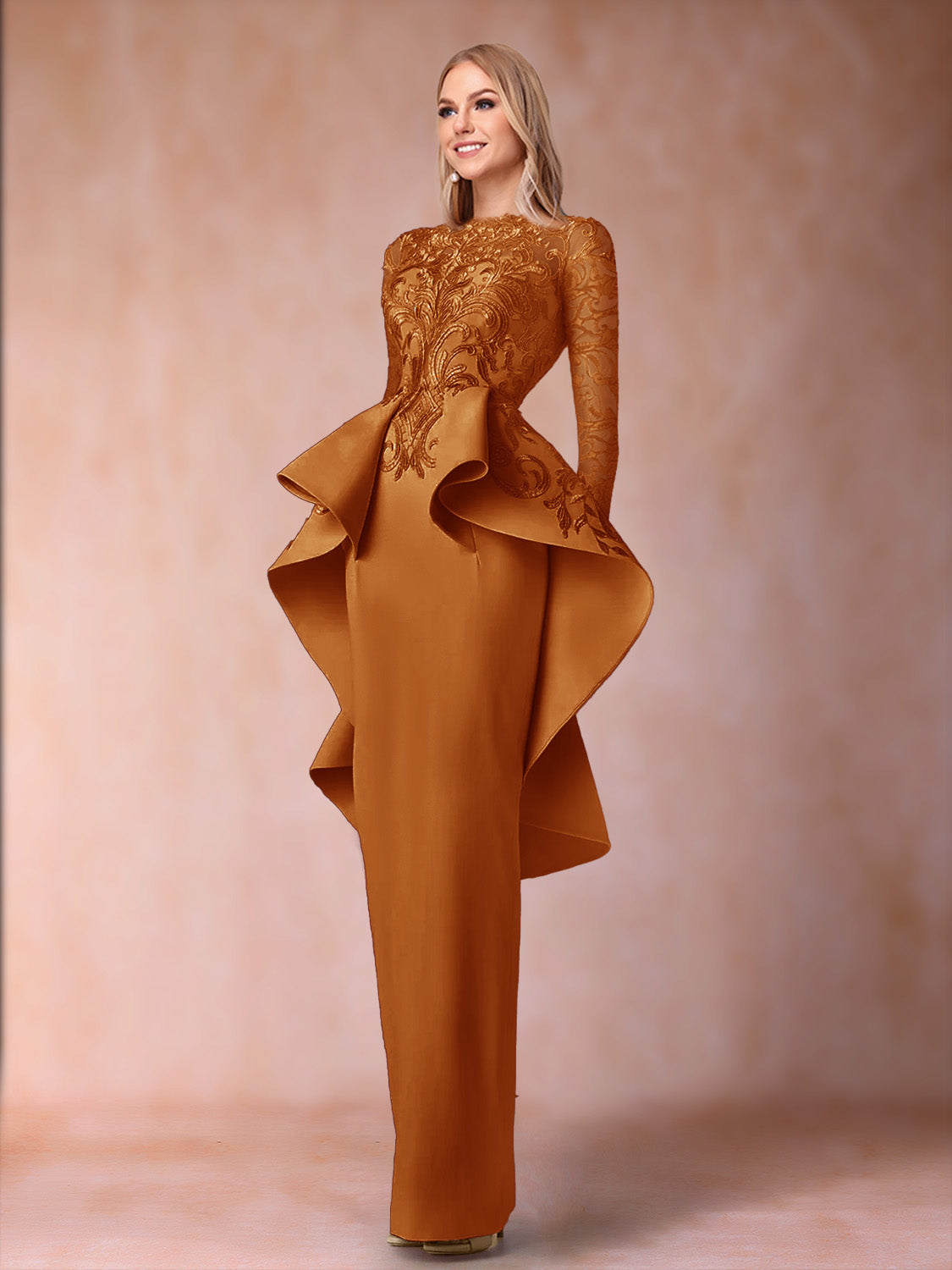 Brielle burnt orange front view mother of the bride dress