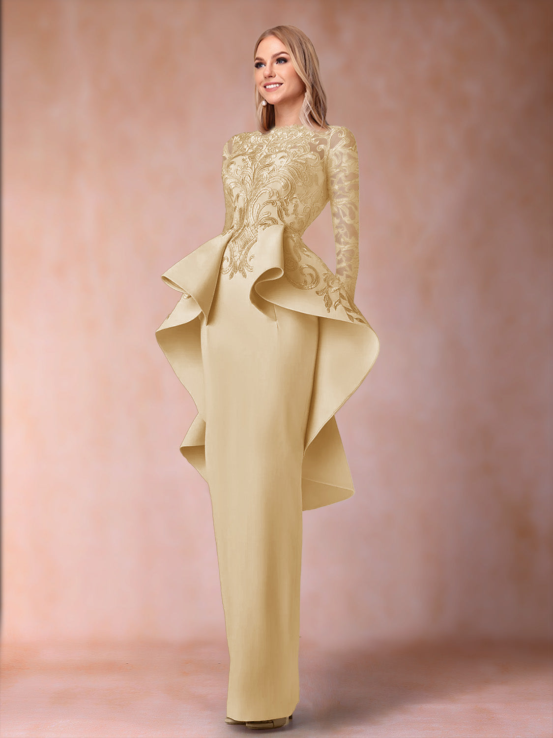 Brielle champagne front view mother of the bride dress