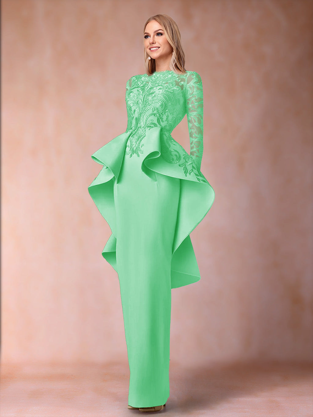 Brielle mint green front view mother of the bride dress