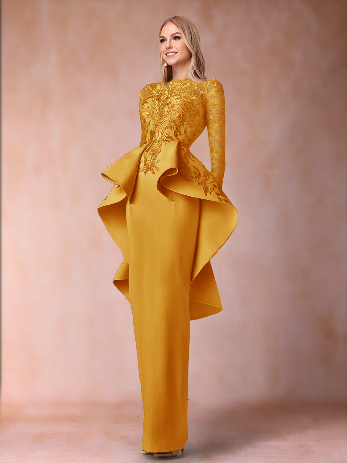 Brielle gold front view mother of the bride dress