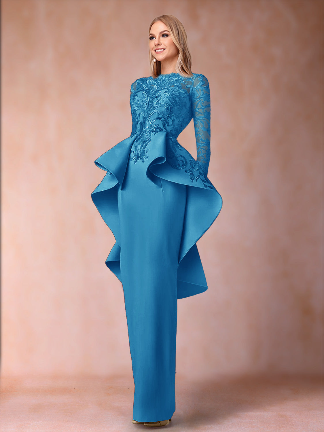 Brielle ocean blue front view mother of the bride dress