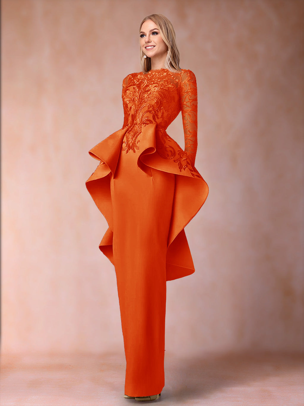 Brielle orange front view mother of the bride dress