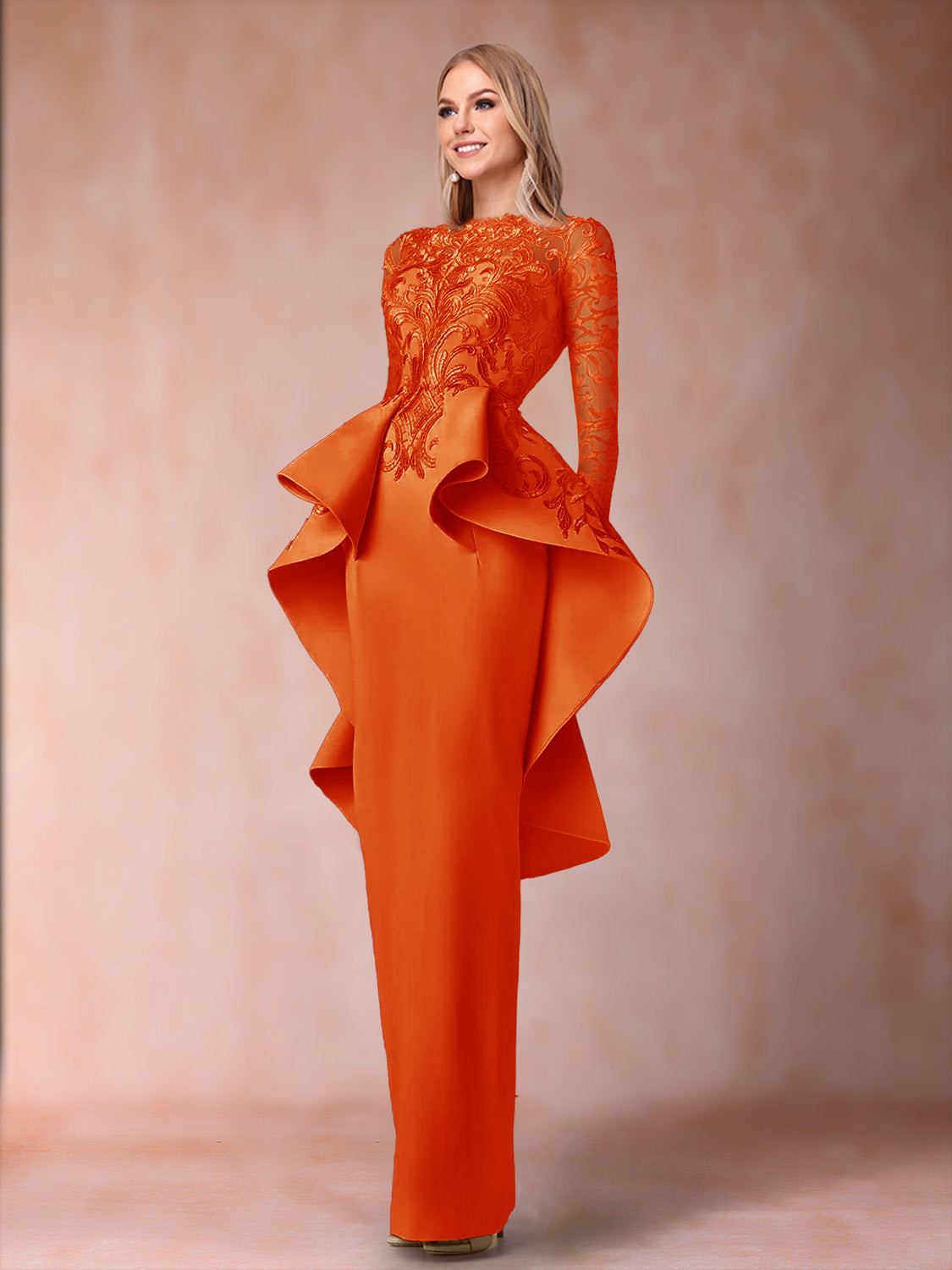 Brielle orange front view mother of the bride dress