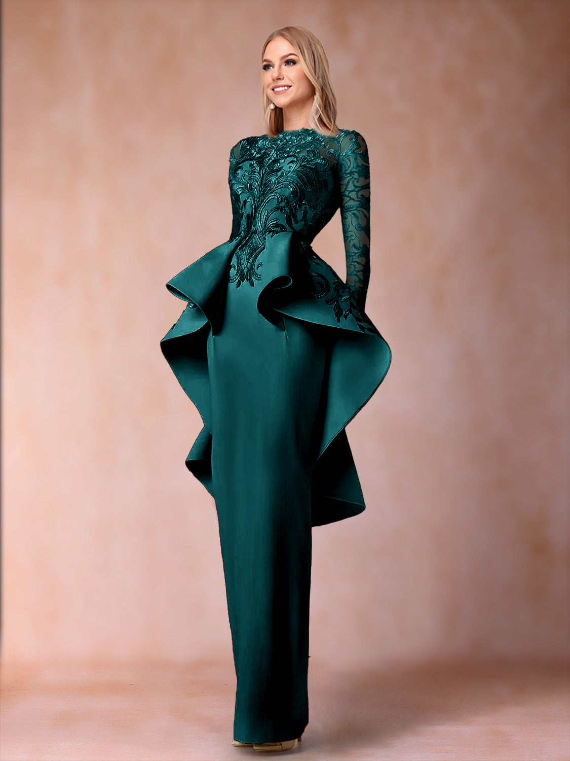 Brielle peacock front view mother of the bride dress