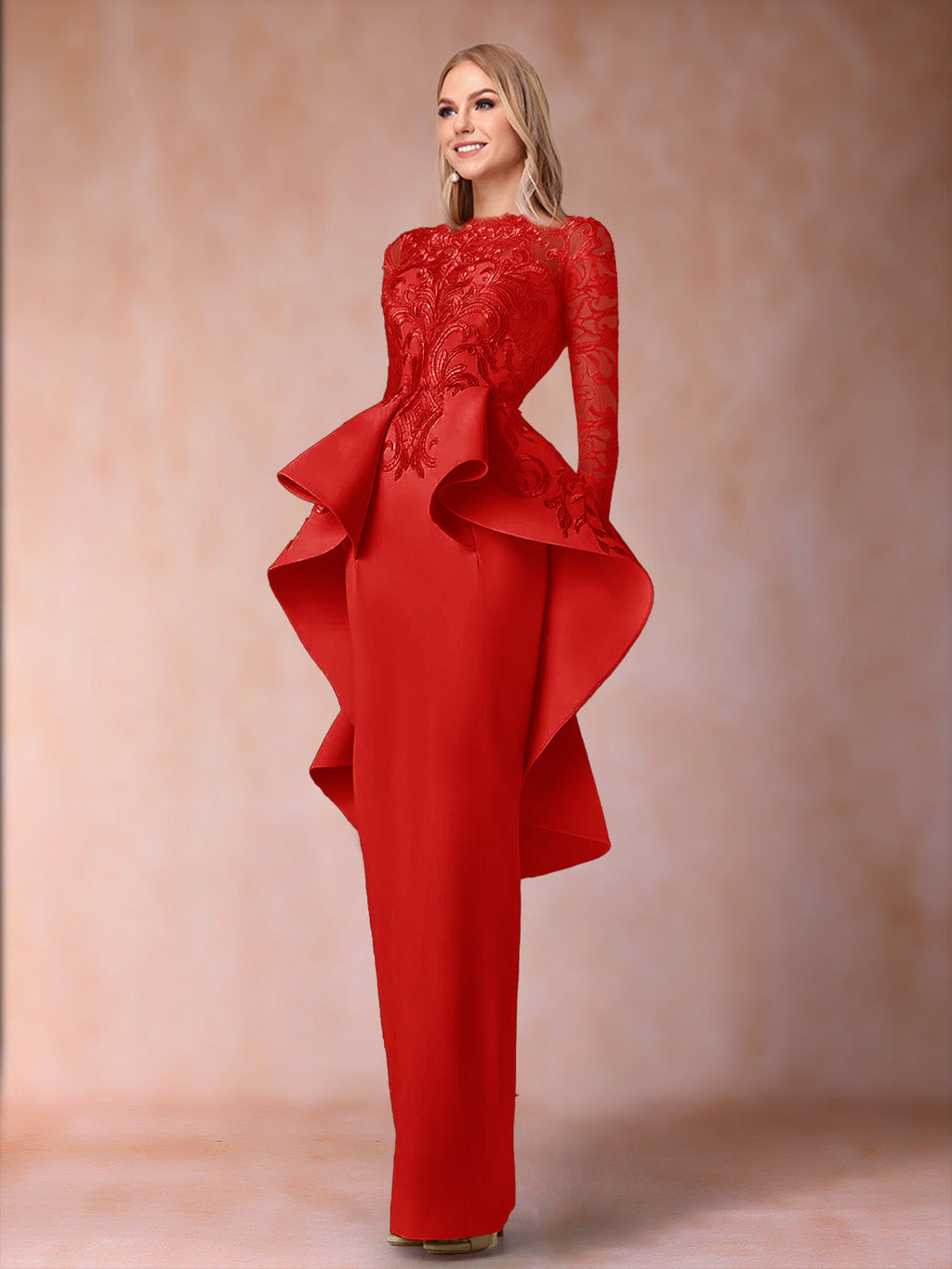 Brielle red front view mother of the bride dress