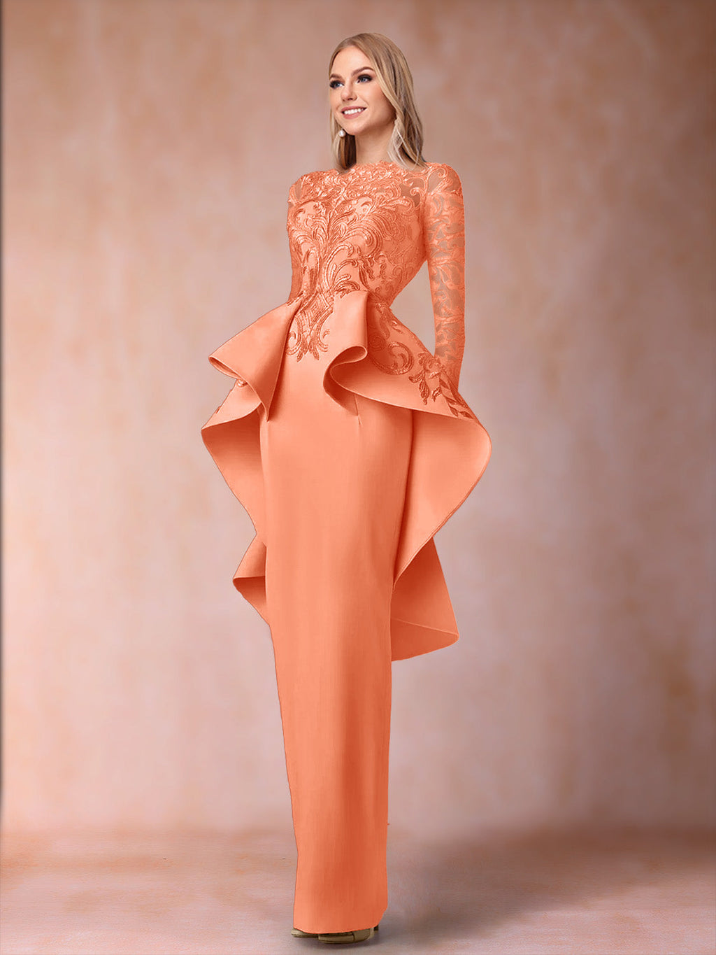 Brielle coral front view mother of the bride dress