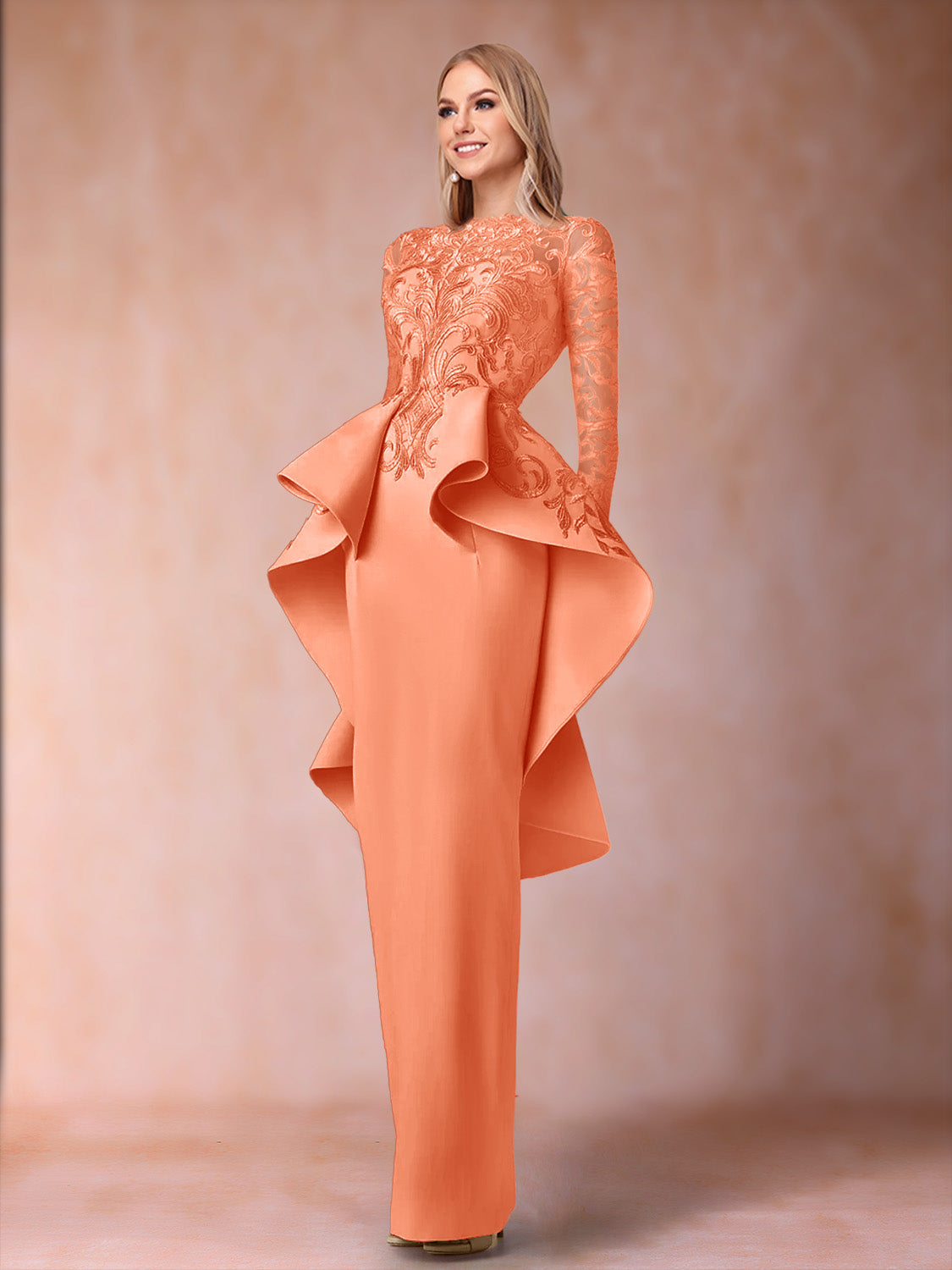 Brielle coral front view mother of the bride dress