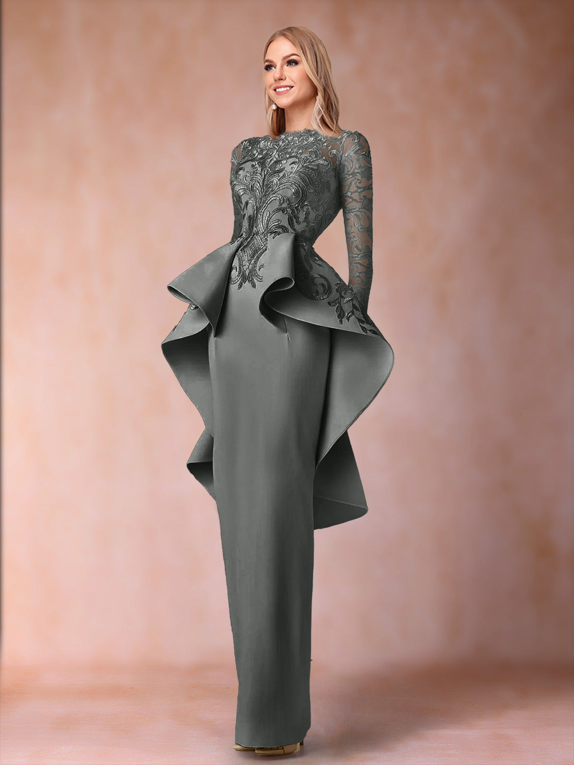 Brielle steel grey front view mother of the bride dress