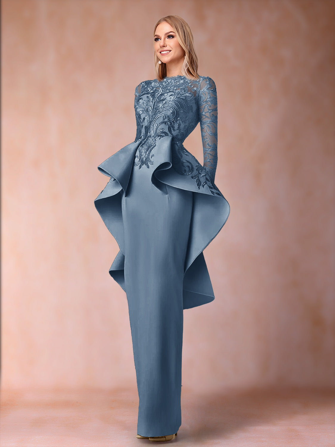 Brielle steel blue front view mother of the bride dress