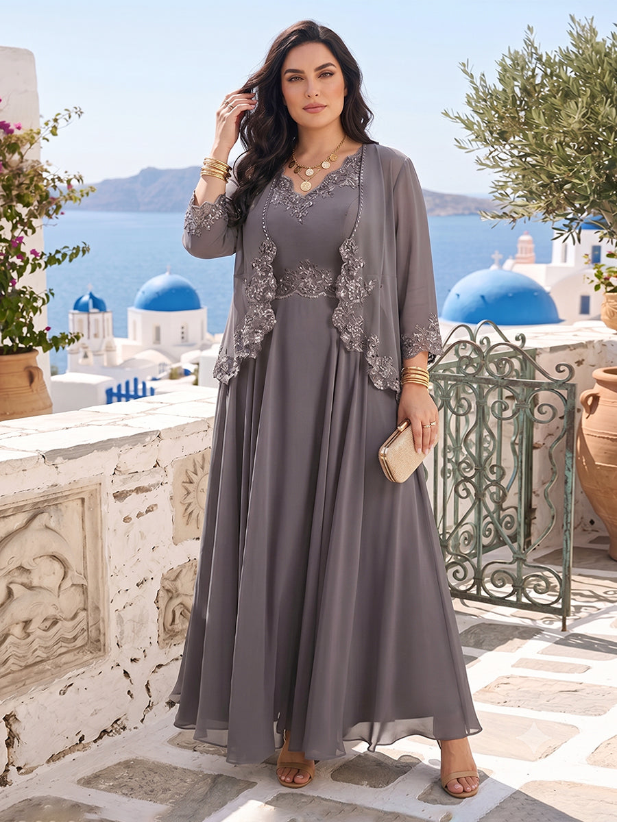 Ophelia Simone Steel Blue front view mother of the bride dress