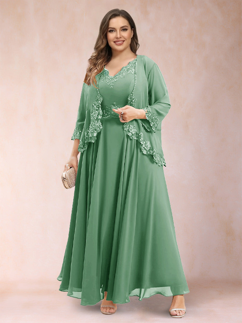 Ophelia Simone Eucalyptus front view mother of the bride dress