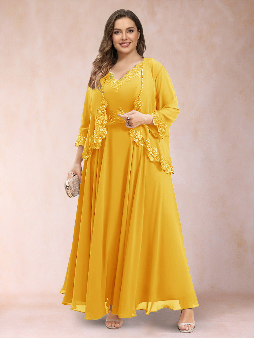 Ophelia Simone Gold front view mother of the bride dress