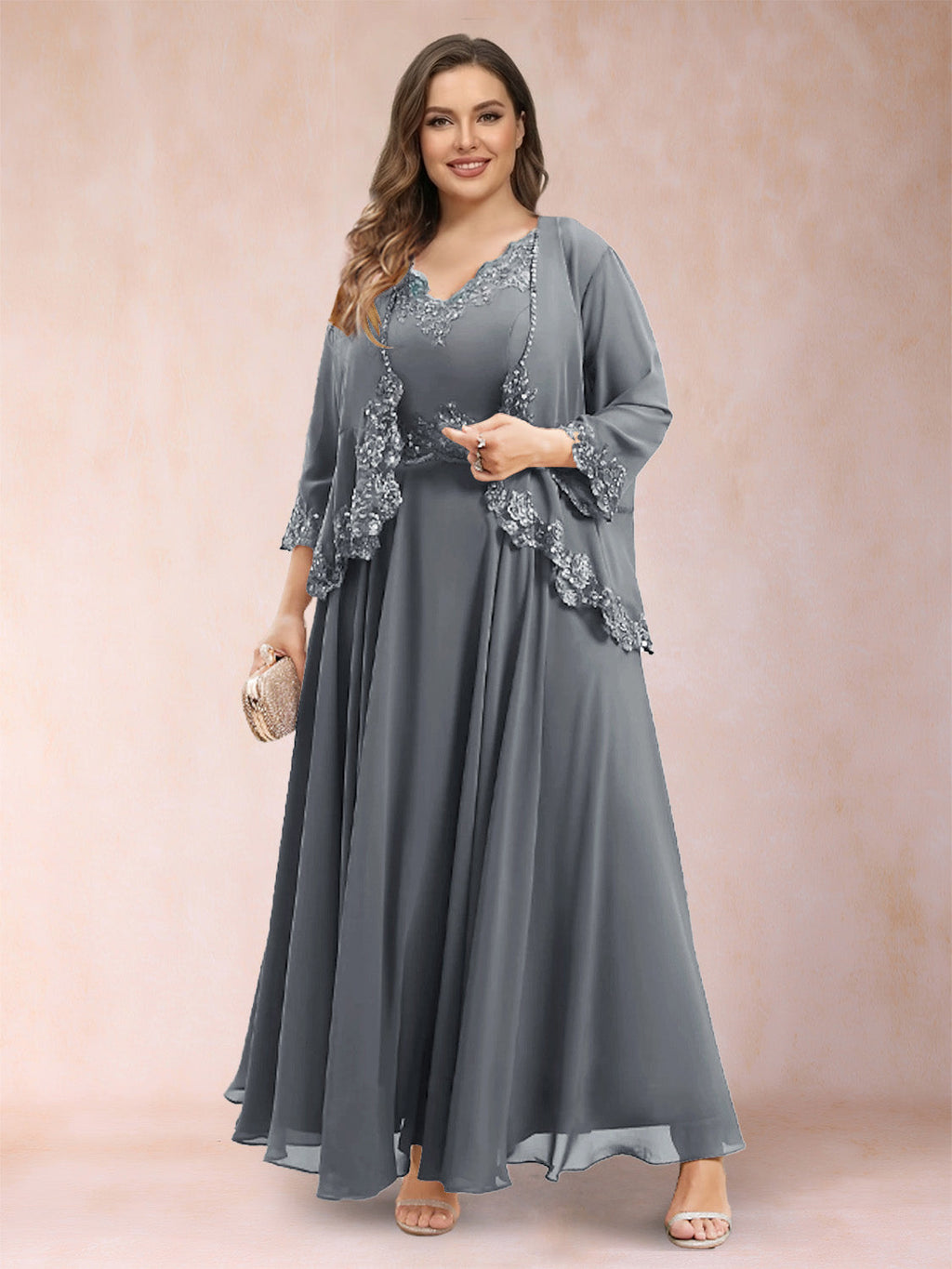 Ophelia Simone Grey front view mother of the bride dress