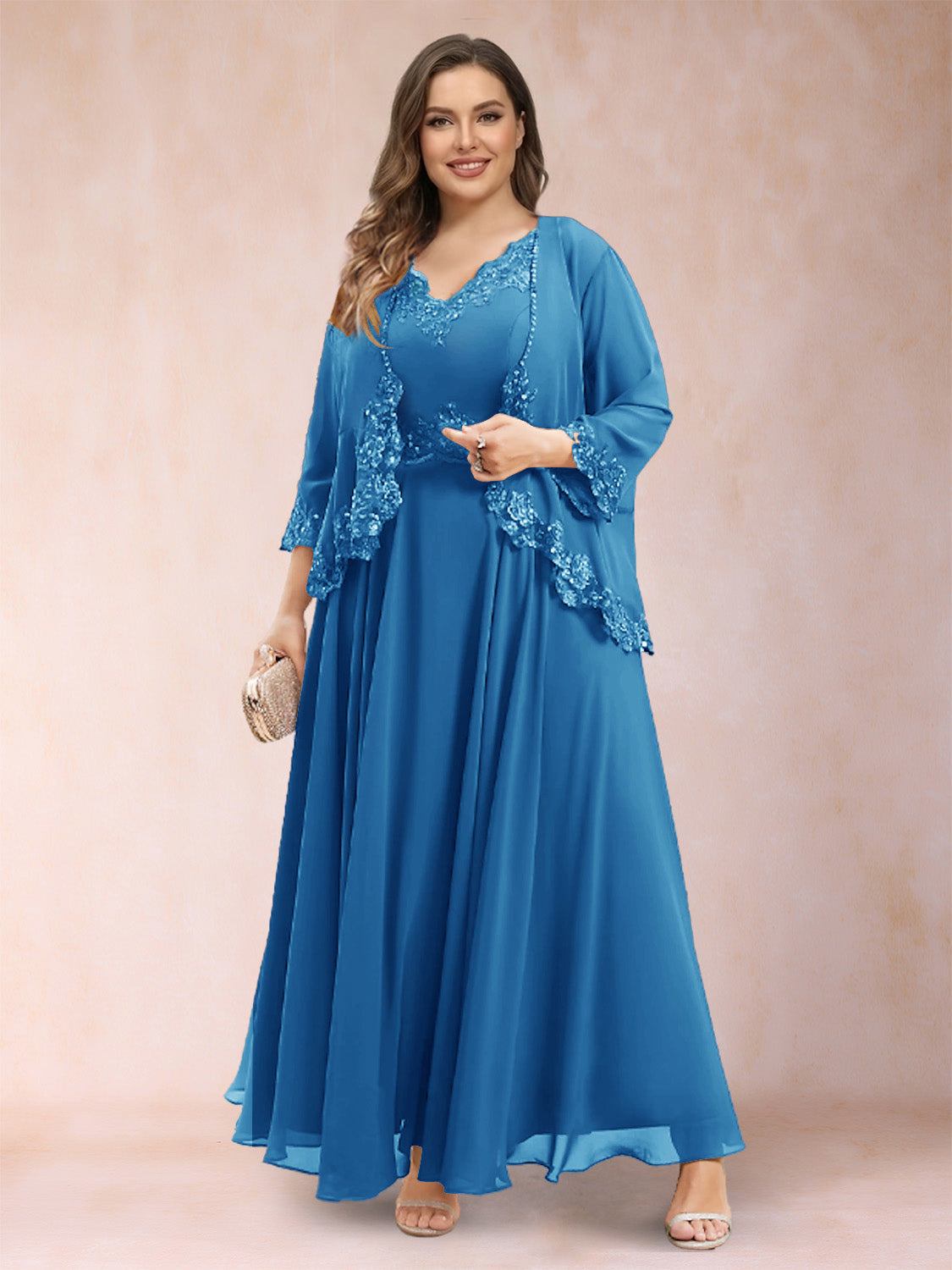 Ophelia Simone Ocean Blue front view mother of the bride dress