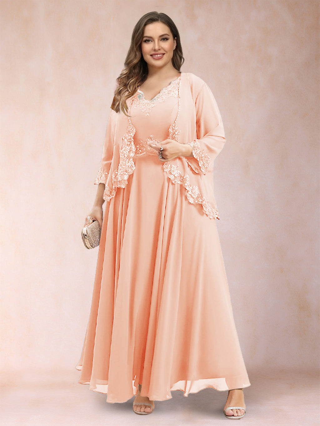Ophelia Simone Peach front view mother of the bride dress