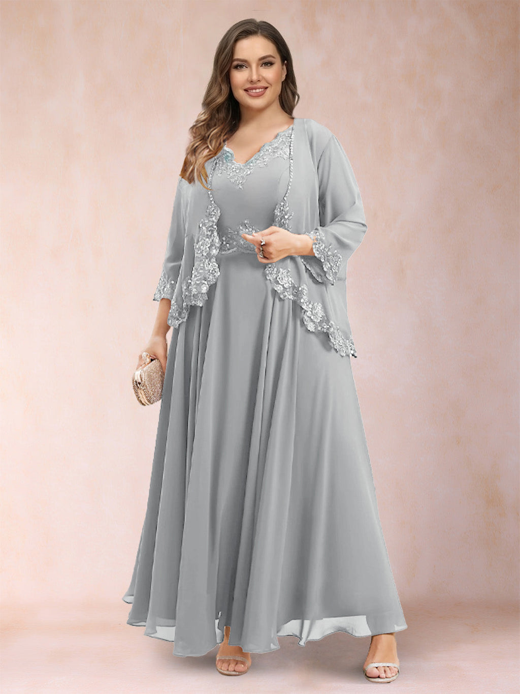 Ophelia Simone Silver front view mother of the bride dress