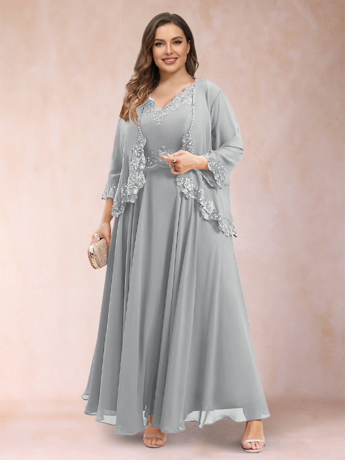 Ophelia Simone Silver front view mother of the bride dress