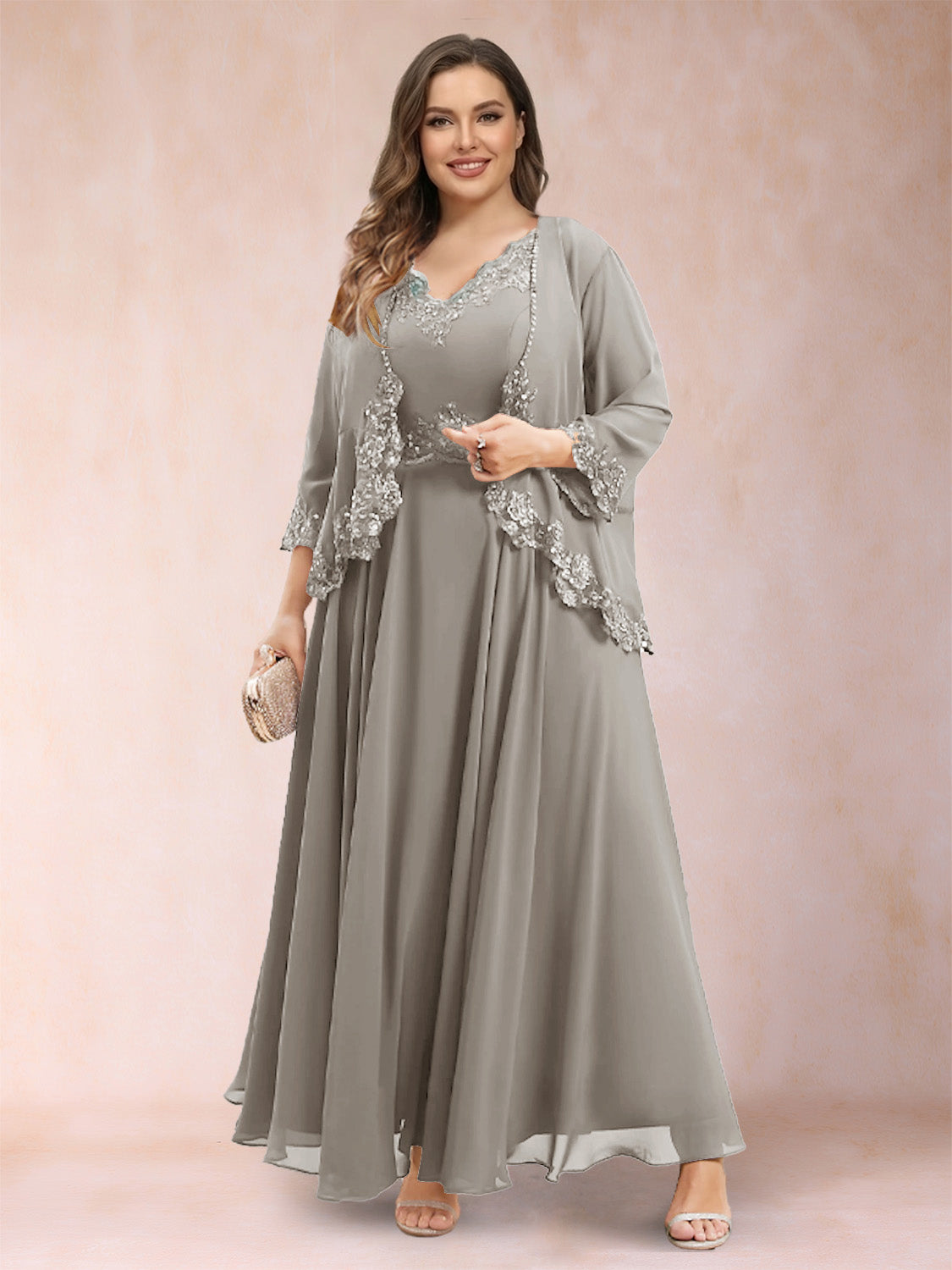 Ophelia Simone Taupe front view mother of the bride dress