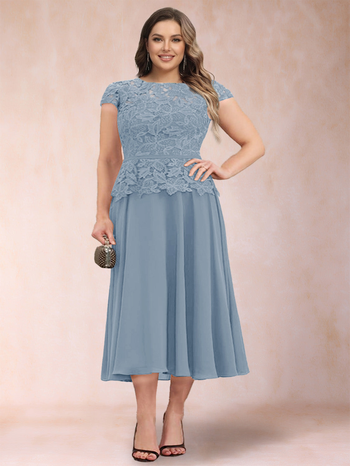 Carmen Mae Dusty Blue side view mother of the bride dress