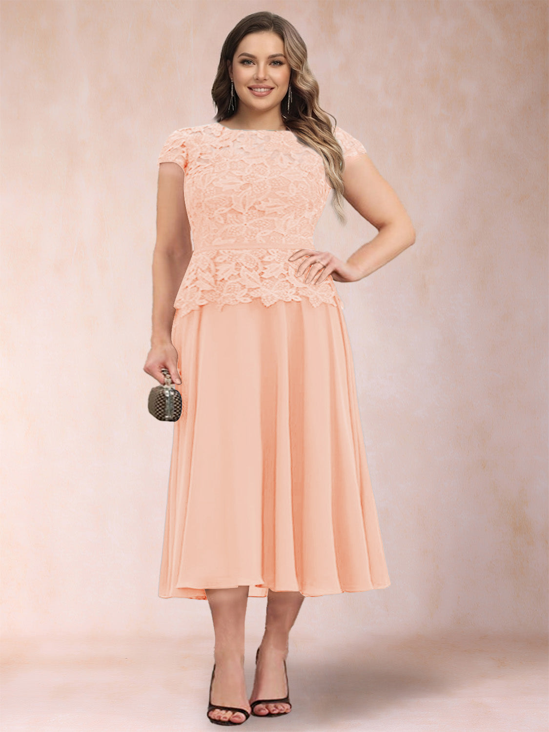 Carmen Mae Peach front view mother of the bride dress