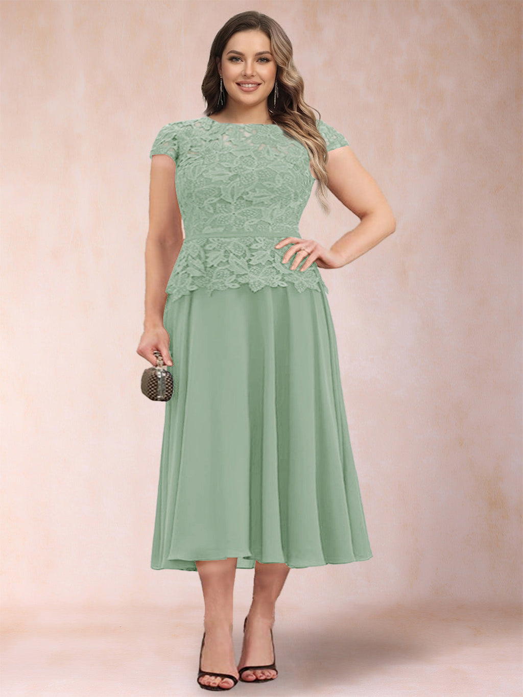 Carmen Mae Sage Green back view mother of the bride dress