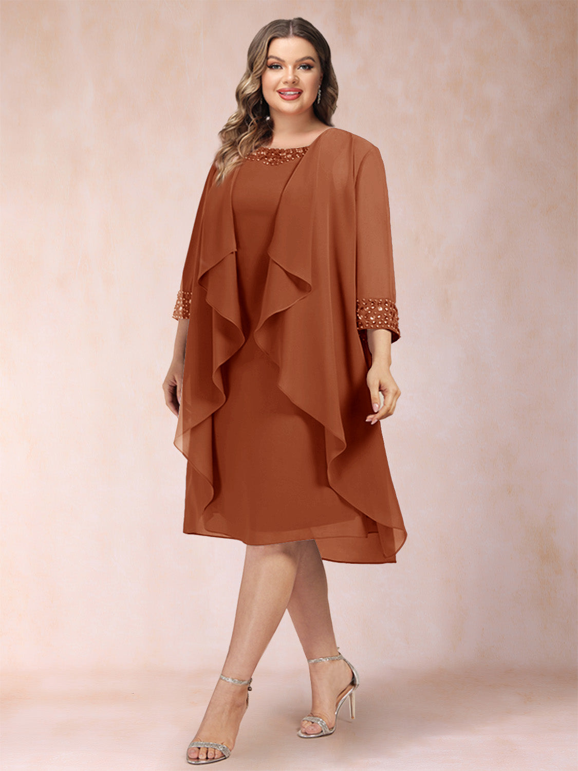 Paula Mae Burnt Orange front view mother of the bride dress