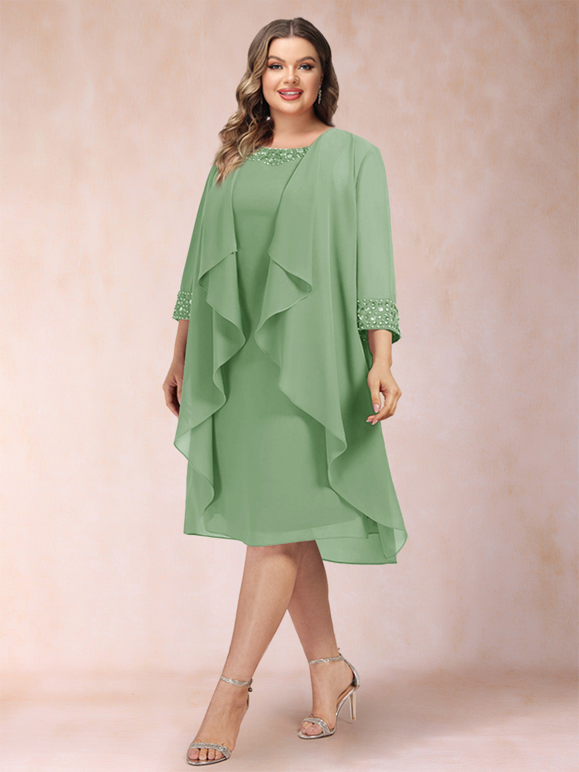 Paula Mae Sage Green front view mother of the bride dress