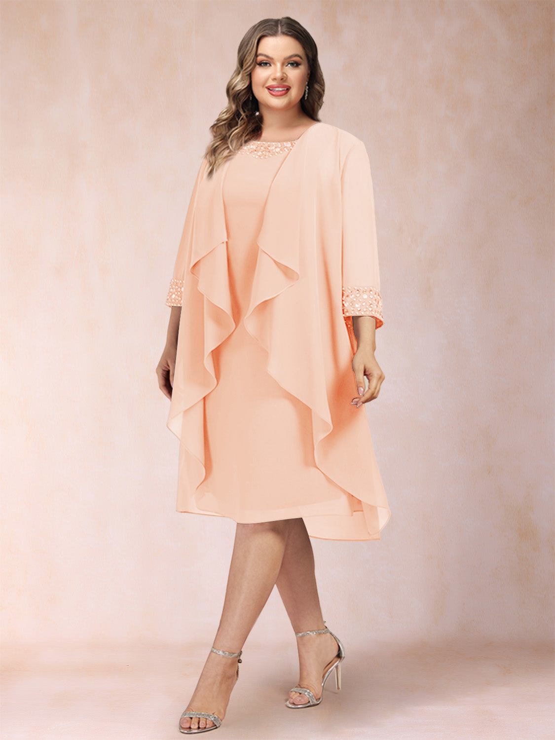 Paula Mae Peach front view mother of the bride dress