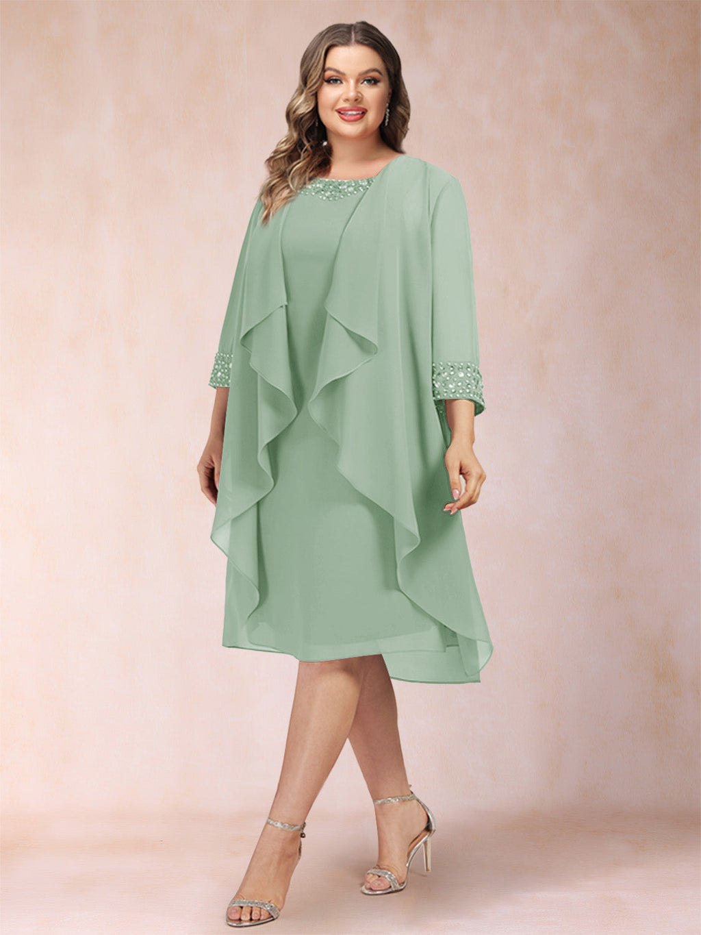 Paula Mae Sage Green back view mother of the bride dress