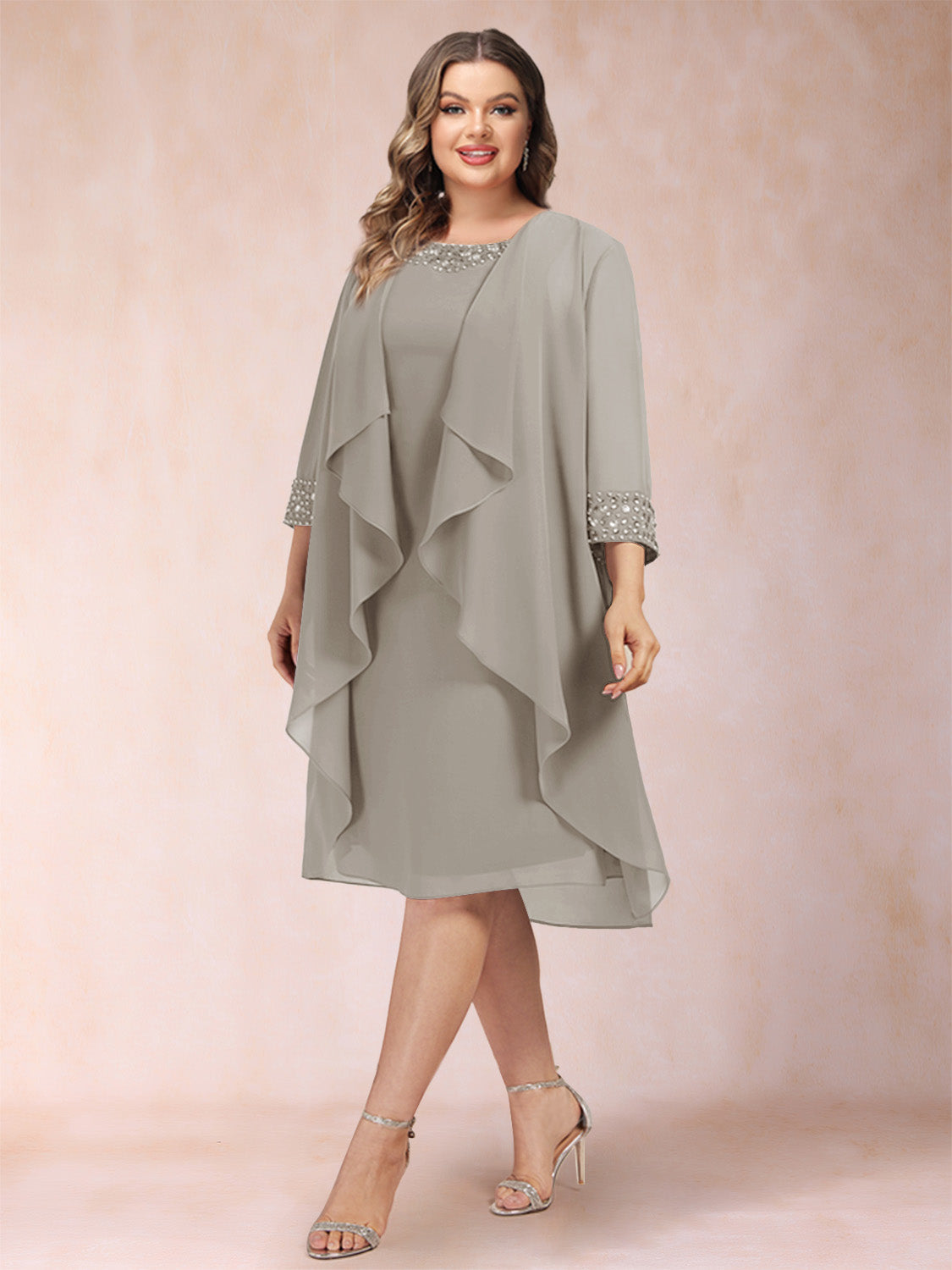Paula Mae Taupe front view mother of the bride dress